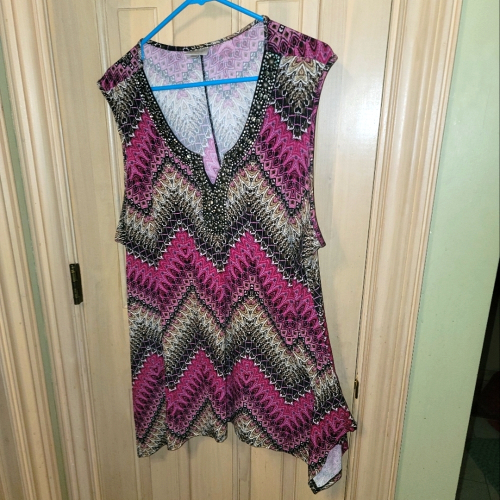 Womens Plus Sz 18/20 Avenue Beaded Sleeveless Shirt Hot Pink Black Whimsical